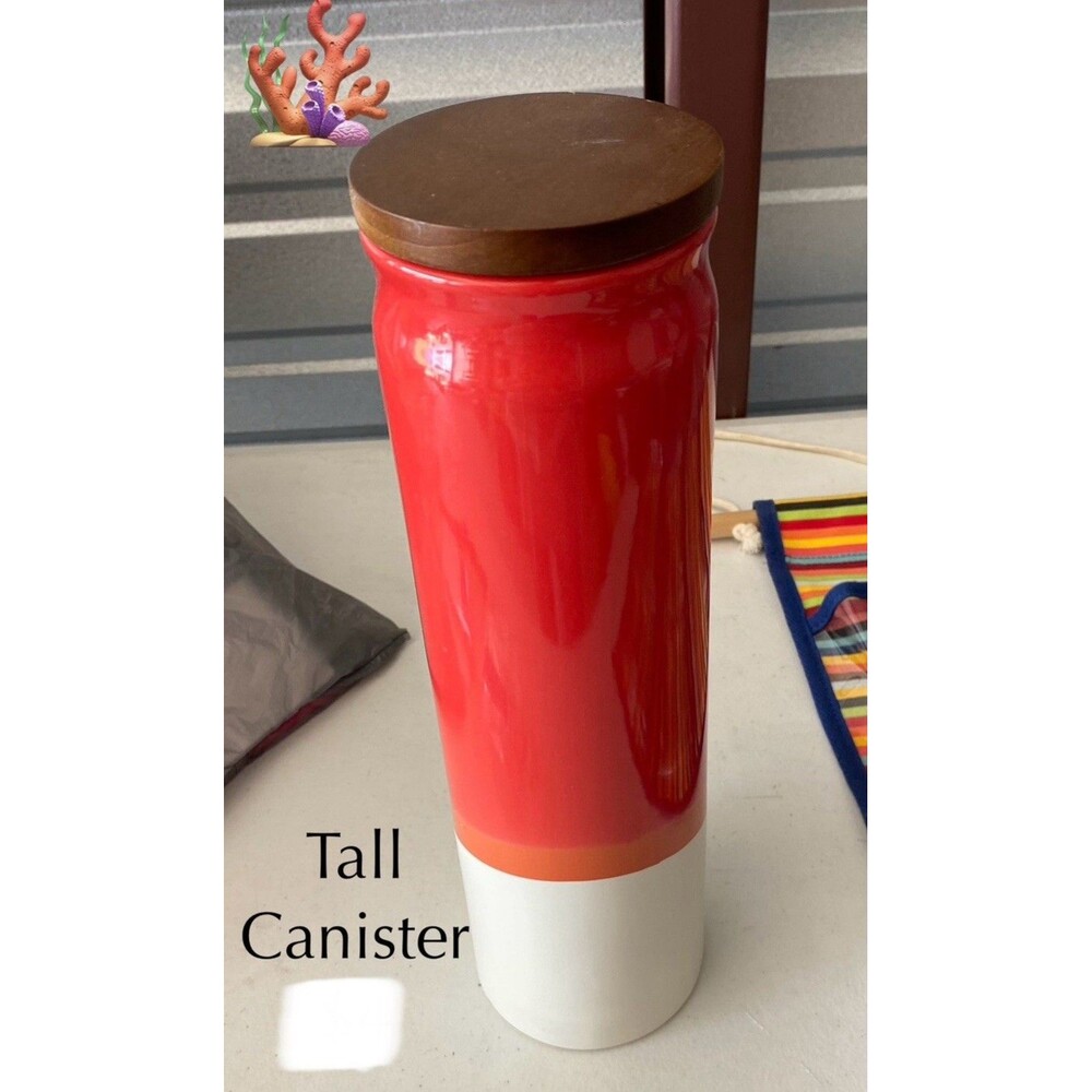 Threshold Tall Red Stoneware Canister Wood Lid Colorblock Modern Kitchen Storage